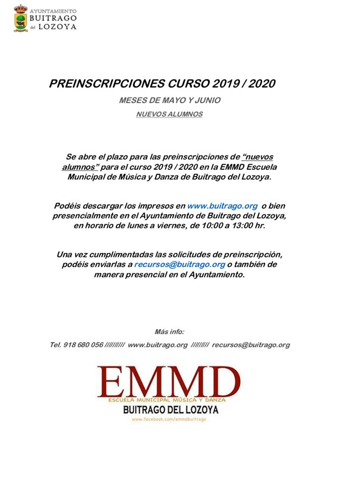 preinscripciones curso 2019/2020 EMMD Buitrago del Lozoya