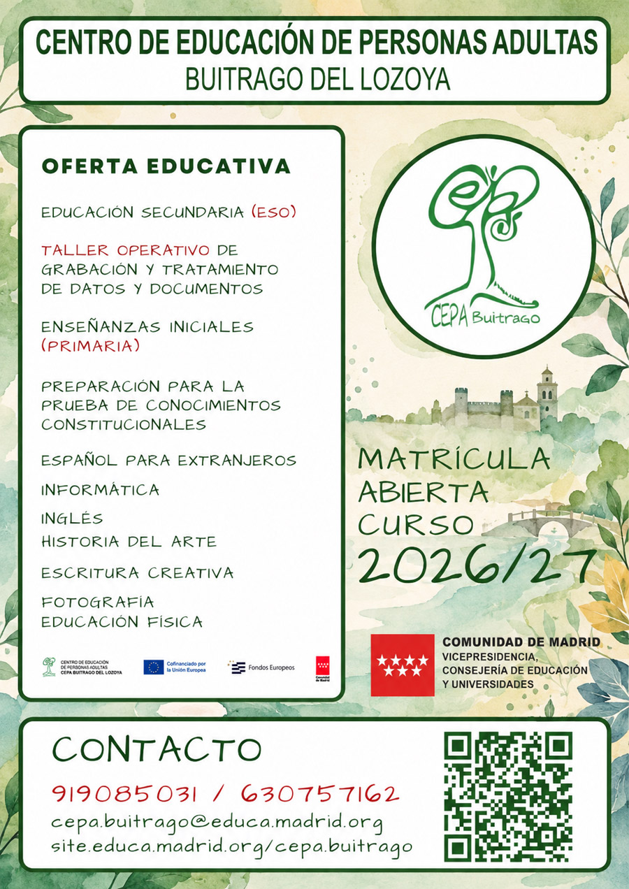 Oferta formativa del curso 2026-2027 del CEPA Buitrago del Lozoya en las aulas de Rascafría y Buitrago