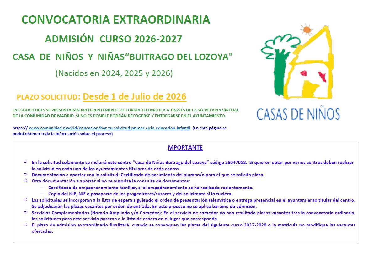 Casa de Niños Buitrago del Lozoya. Información convocatoria extraordinaria