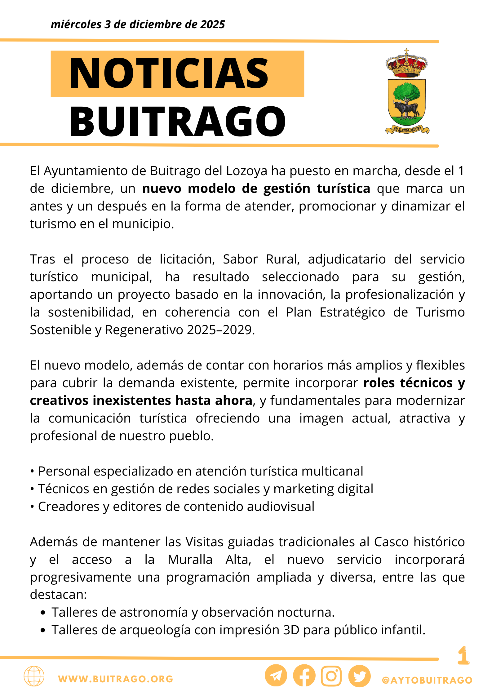 Noticias. Buitrago del Lozoya estrena un nuevo modelo de gestión turística