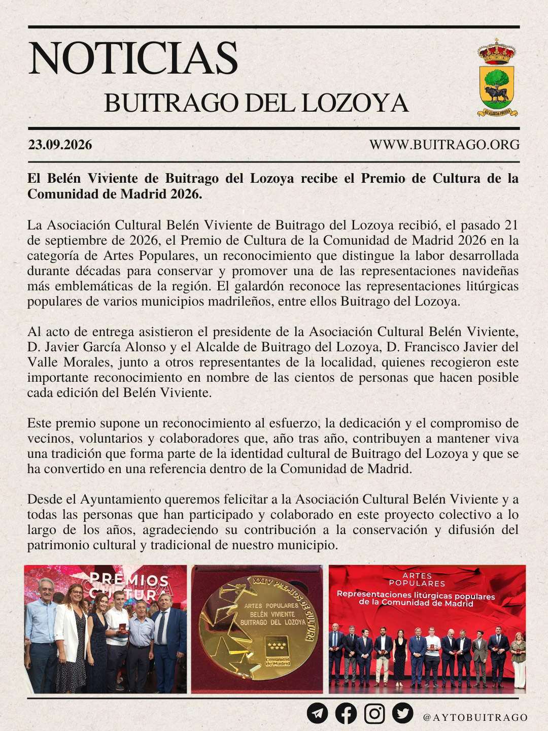 noticias Buitrago premio de cultura 2026 Belén Viviente