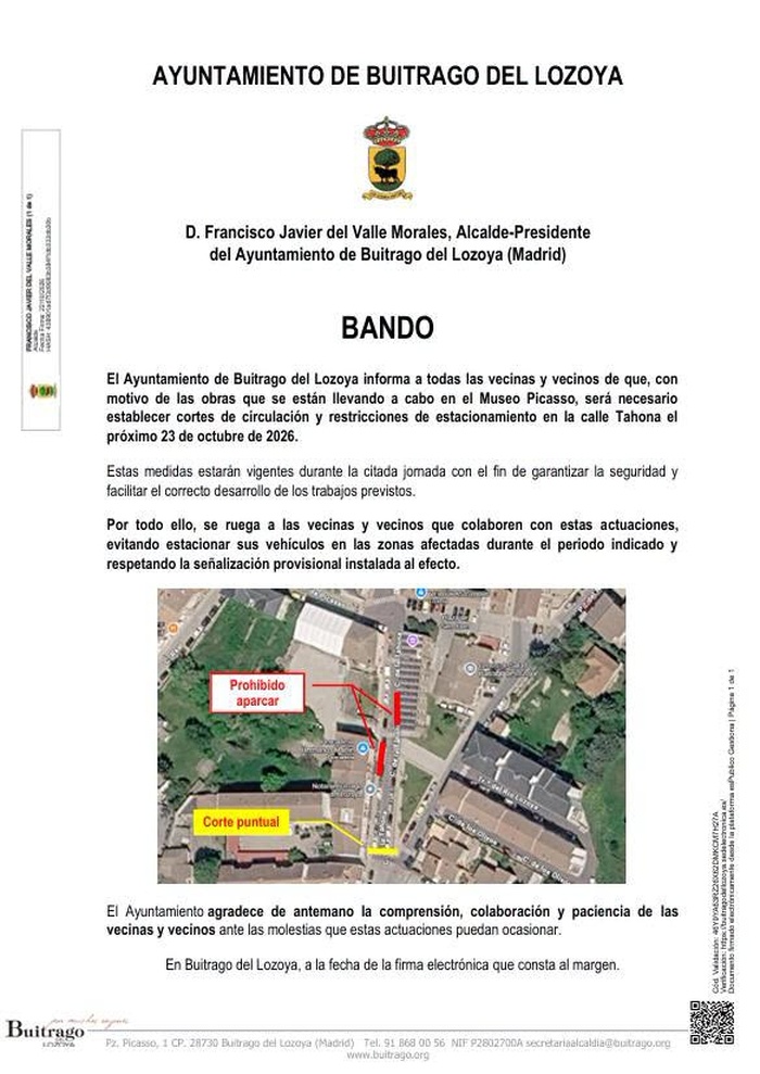 Bando cortes y restricciones calle Tahona 23oct26
