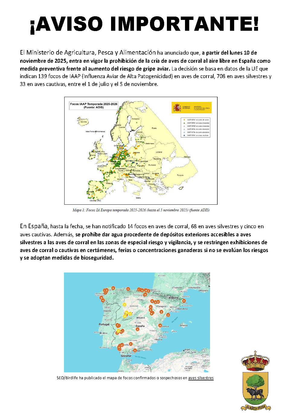CARTEL PROHIBICIÓN CRIAR AVES AL AIRE LIBRE