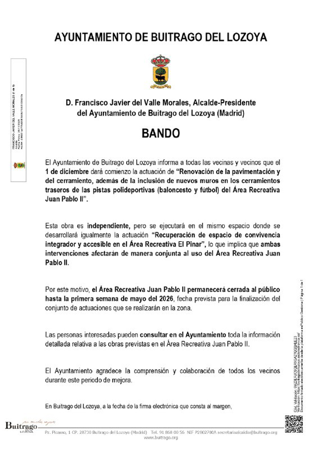 bando obras parque Juan Pablo II Buitrago