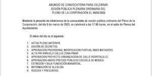 Convocatoria a Pleno sesión ordinaria 09 de marzo a las 17:00 horas