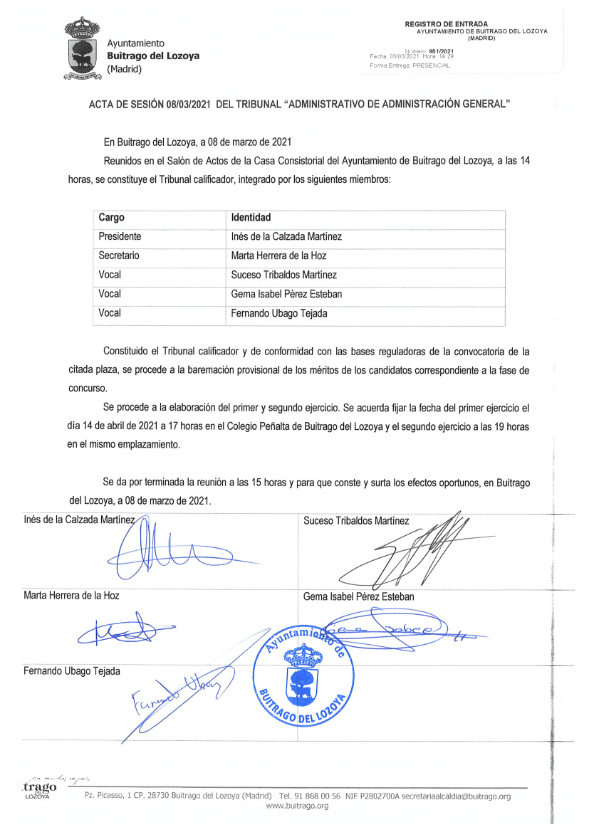 Tribunal, baremación provisional y fechas 1er y 2do ejercicio